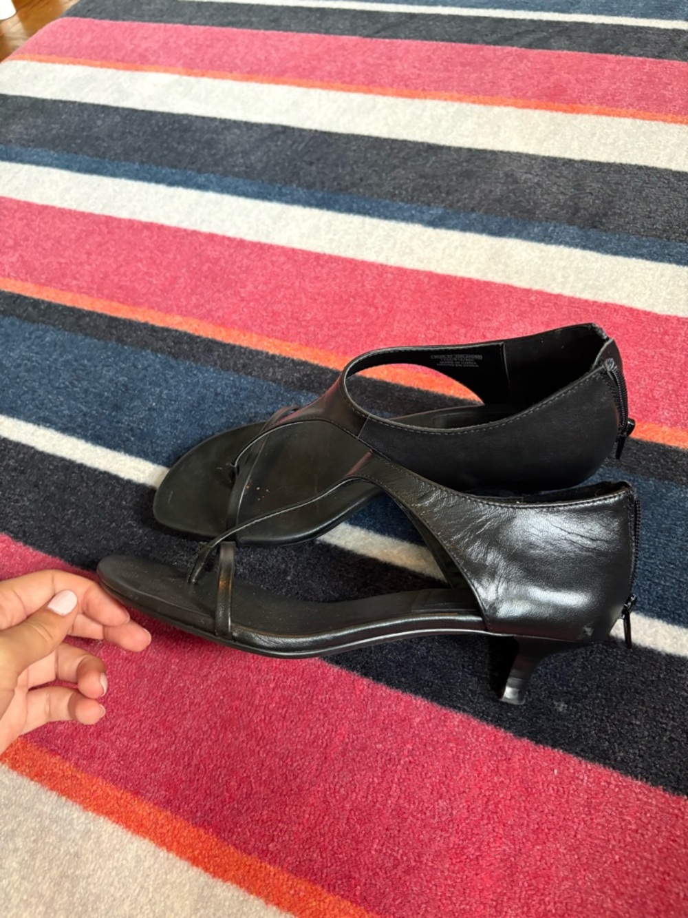 Black Leather T-Strap Kitten Heel Sandals - Women's - Picture 3 of 4